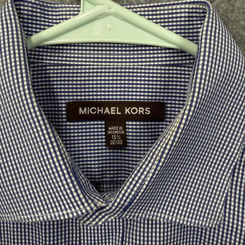 Michael Kors Mens Blue White Micro Gingham Dress Shirt 15.5 32/33 Long Sleeve - Picture 2 of 8